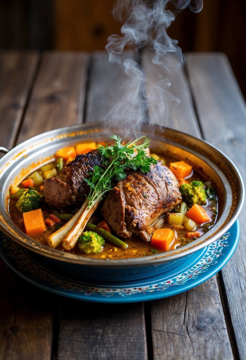 A steaming tagine dish filled with aromatic lamb, vegetables, and spices, resting on a rustic wooden table