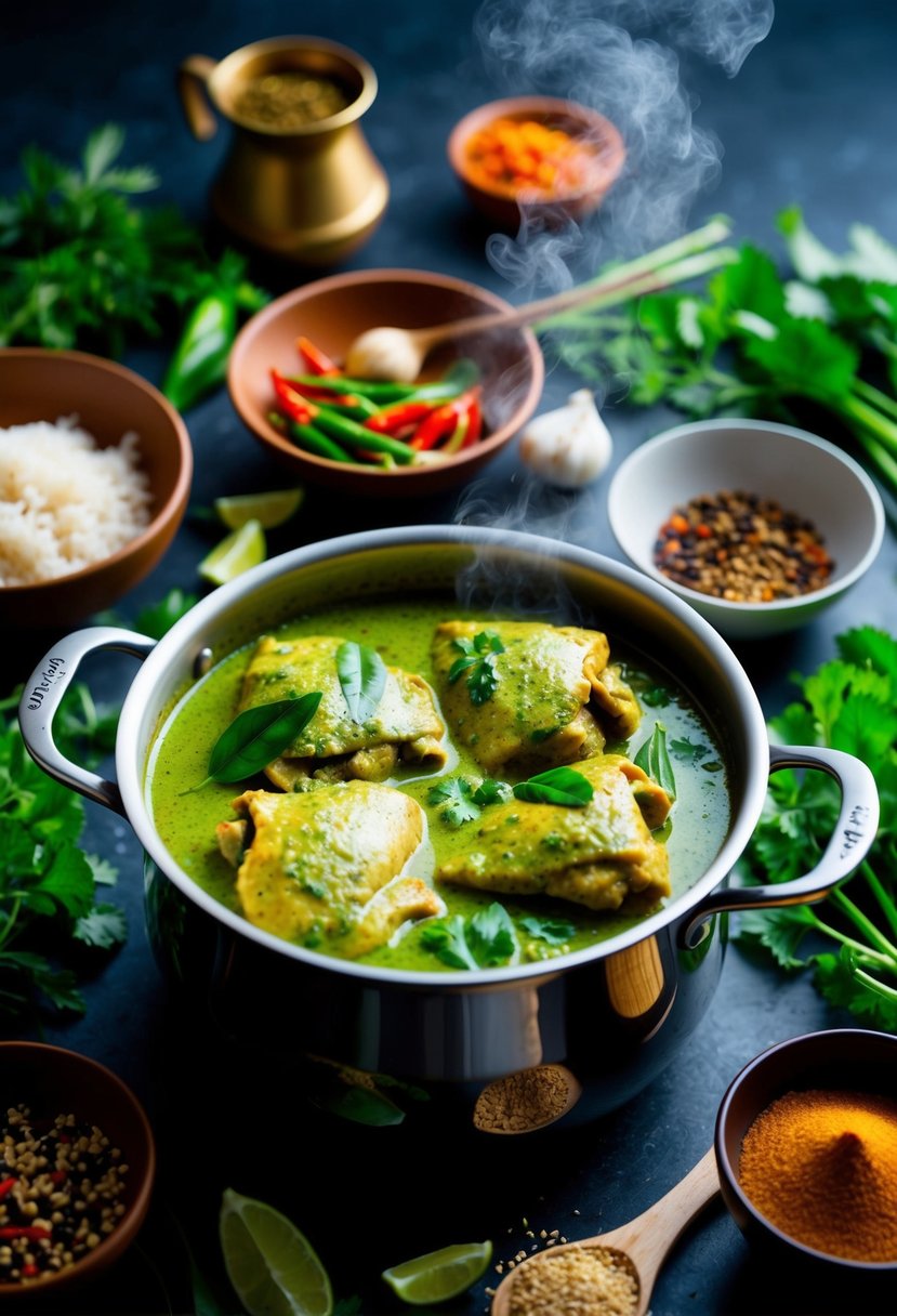 A steaming pot of green curry chicken surrounded by fresh Thai ingredients and spices