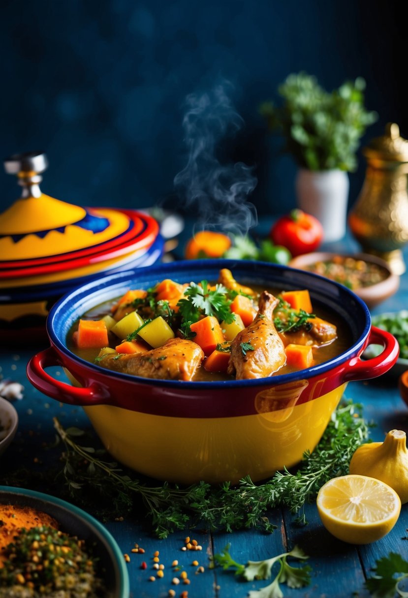 A colorful tagine pot filled with aromatic Moroccan chicken and vegetable stew, surrounded by vibrant spices and herbs