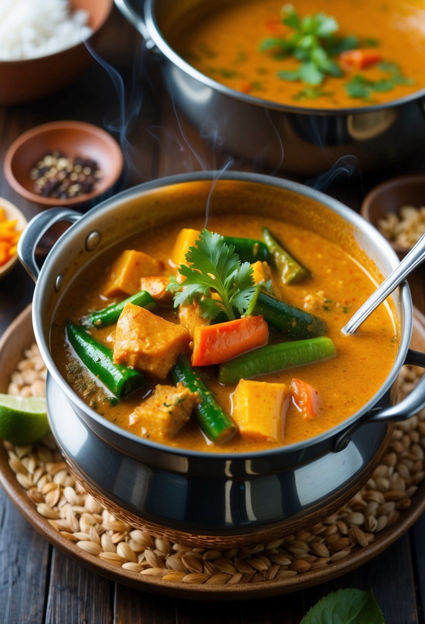 A steaming pot of Thai red curry with a colorful mix of vegetables simmering in a fragrant coconut milk and curry paste sauce