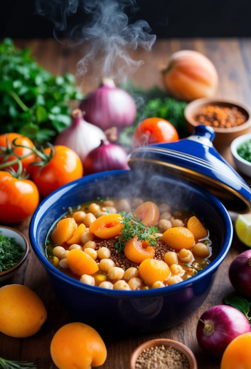 A steaming tagine pot filled with chickpeas, apricots, and aromatic spices, surrounded by a colorful array of ingredients like tomatoes, onions, and herbs