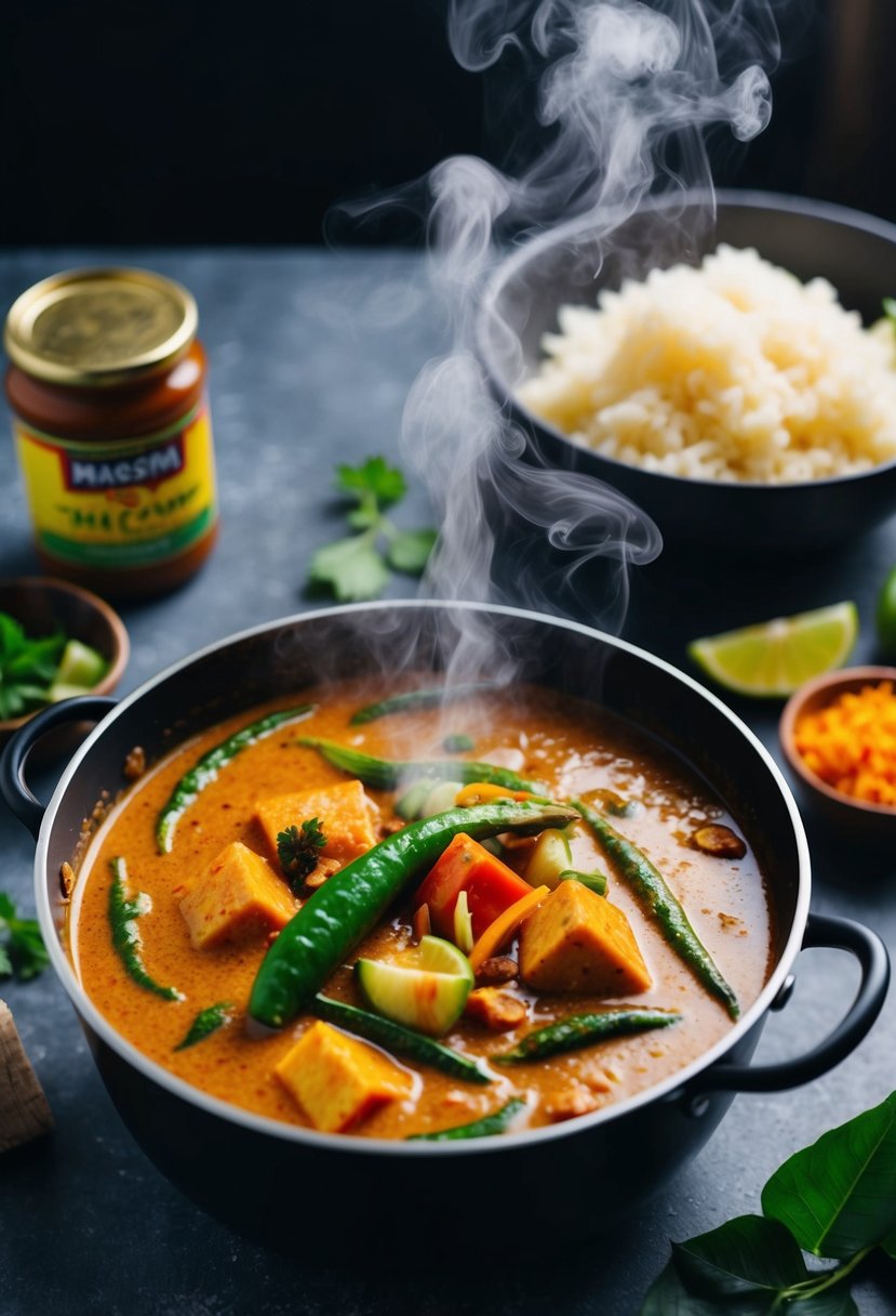 A simmering pot of Thai Red Curry, with coconut milk, vegetables, and Maesri brand paste, emitting fragrant steam