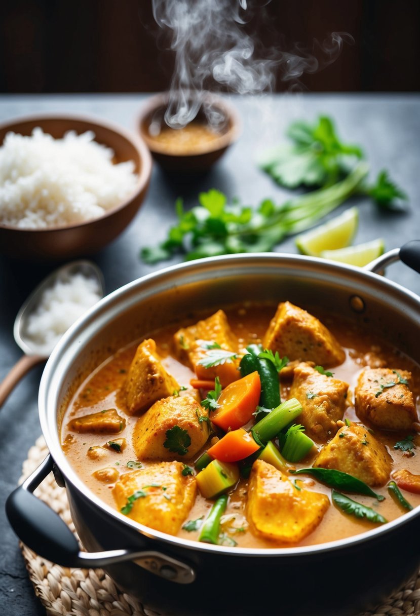 A bubbling pot of red curry simmers with tender chunks of chicken, vibrant vegetables, and creamy coconut milk, filling the air with an enticing aroma