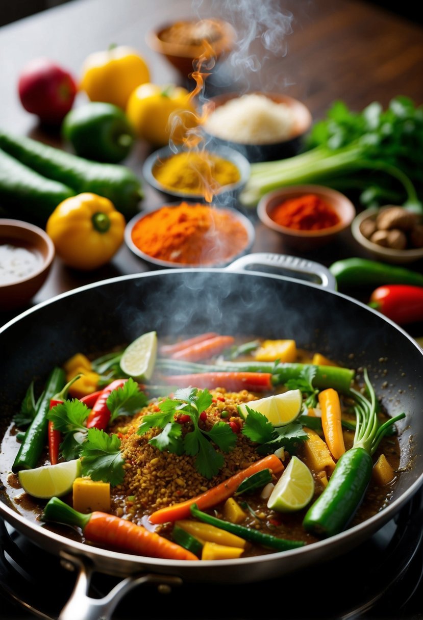 A colorful array of fresh vegetables and aromatic spices simmering in a sizzling skillet, emitting a tantalizing aroma of Thai curry