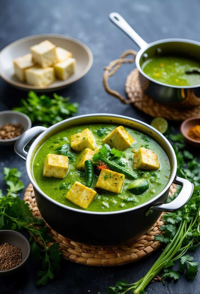 A bubbling pot of vibrant green curry with chunks of tofu, surrounded by fragrant herbs and spices