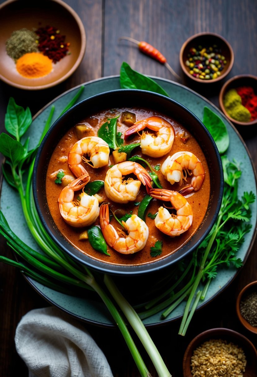 A steaming bowl of red curry with plump shrimp, surrounded by vibrant green herbs and colorful spices