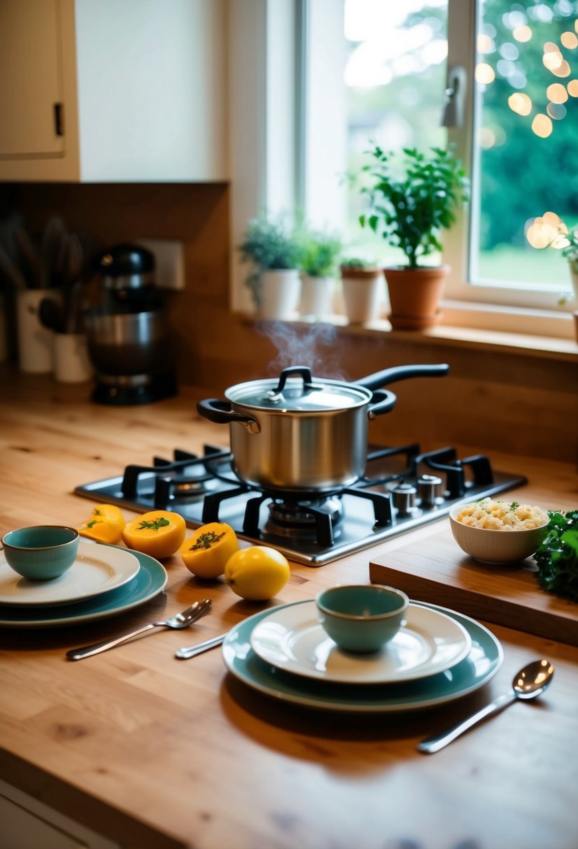 A cozy kitchen with two place settings, a small pot simmering on the stove, and fresh ingredients laid out on the counter