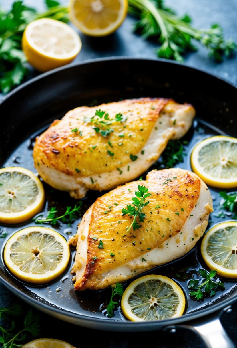 A sizzling skillet with two golden-brown lemon garlic chicken breasts, surrounded by vibrant herbs and citrus slices