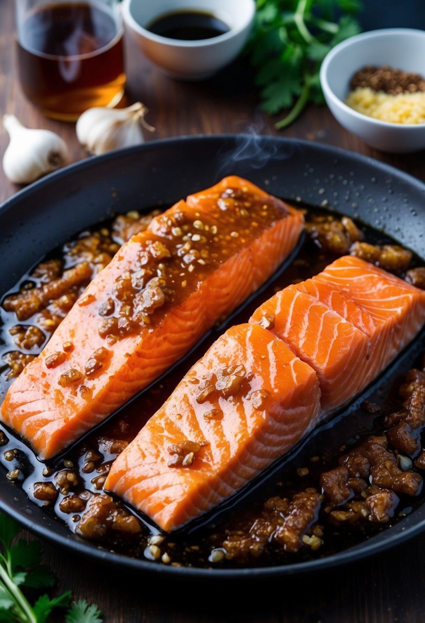 Two salmon fillets marinating in a mixture of brown sugar, soy sauce, and garlic, ready to be grilled