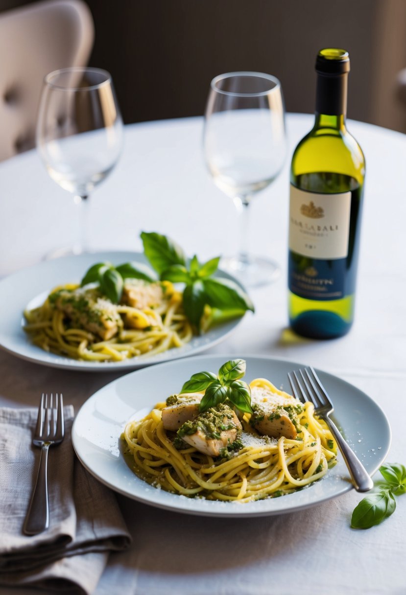 A table set for two with a plate of pesto chicken pasta, garnished with fresh basil and grated parmesan, accompanied by a bottle of wine and two glasses