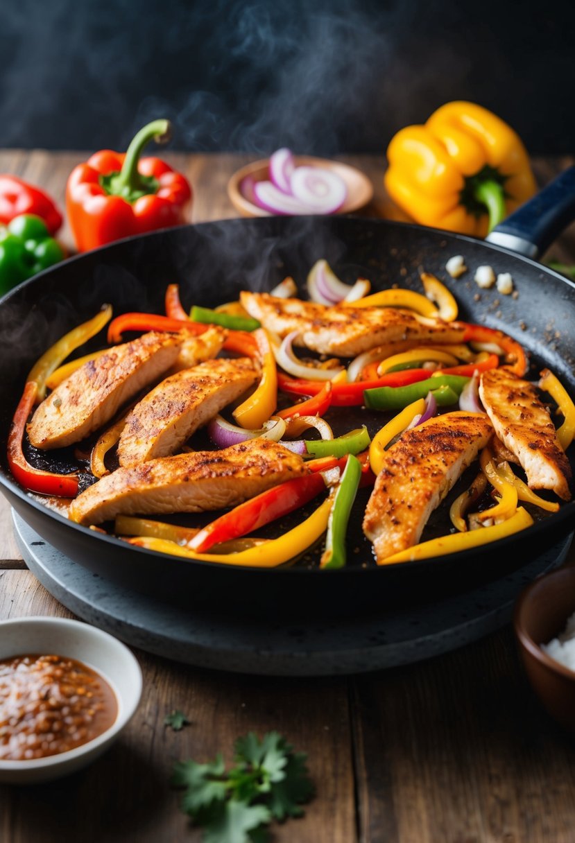 Sizzling fajitas cooking on a hot skillet, with colorful peppers and onions, and seasoned chicken strips, ready to be served for two