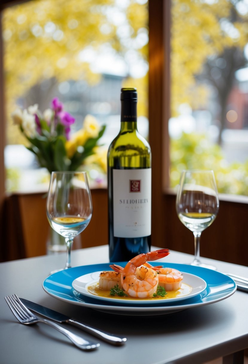 A table set for two with a plate of shrimp scampi, a bottle of wine, and two glasses