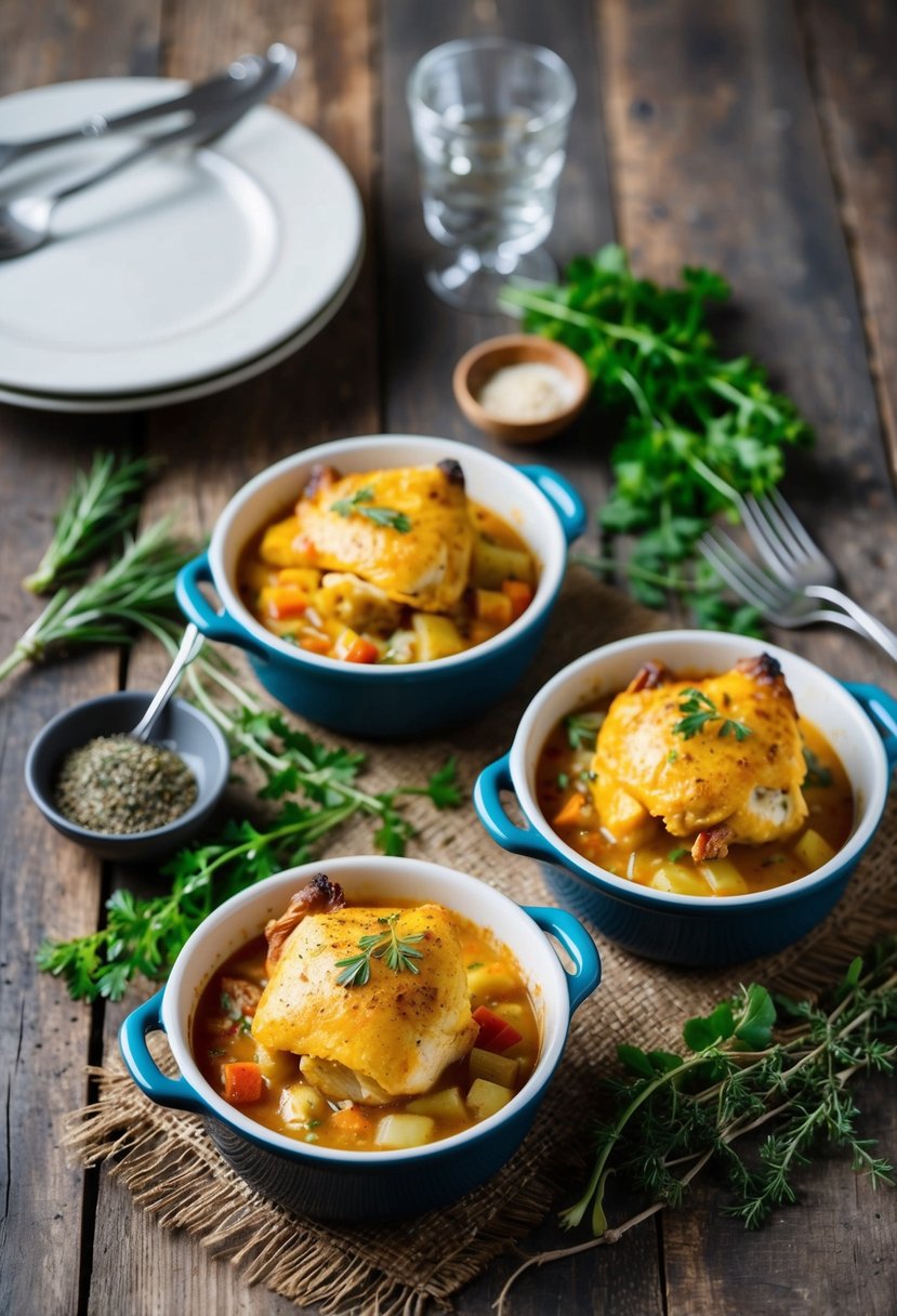 Two mini chicken casseroles on a rustic wooden table, surrounded by fresh herbs, spices, and two place settings