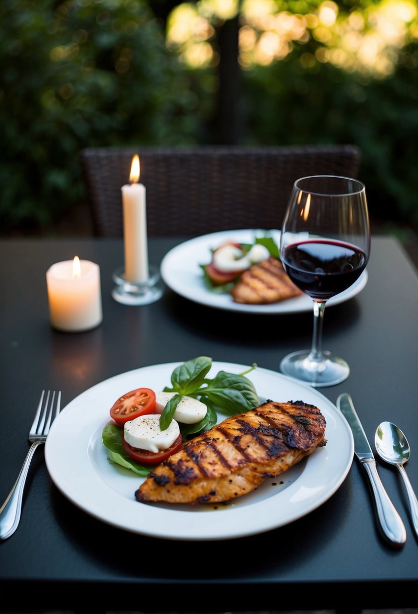 A table set with two plates, each with a Caprese salad and grilled chicken, accompanied by a glass of wine and a candle