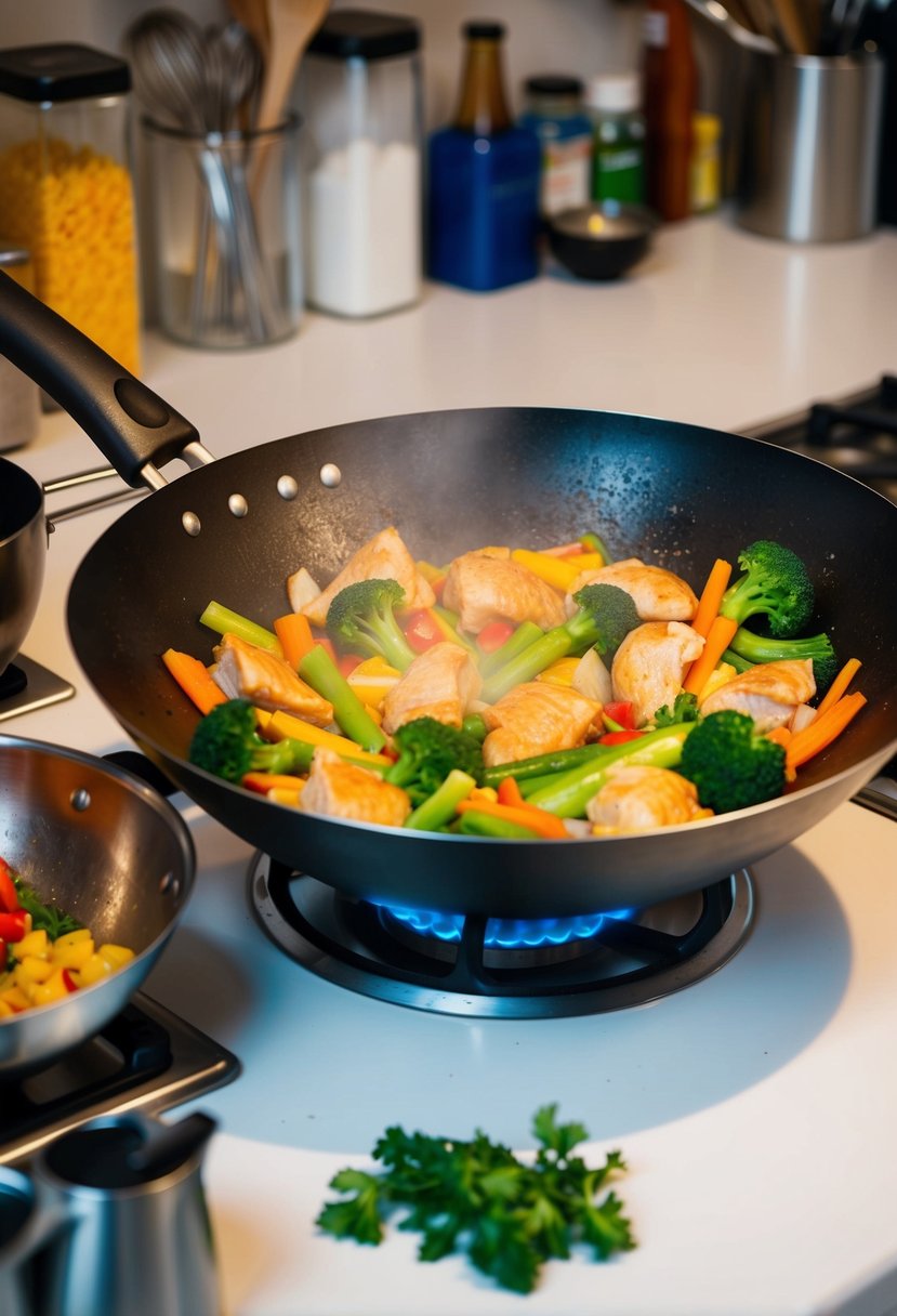 A wok sizzling with colorful vegetables and tender pieces of chicken, surrounded by various ingredients and utensils on a kitchen counter