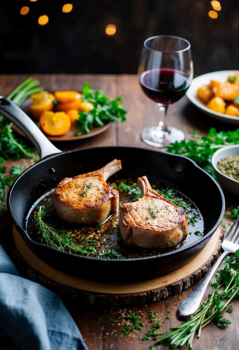 Two pork chops sizzling in a skillet, surrounded by fresh herbs and spices. A side of vegetables and a glass of wine complete the scene