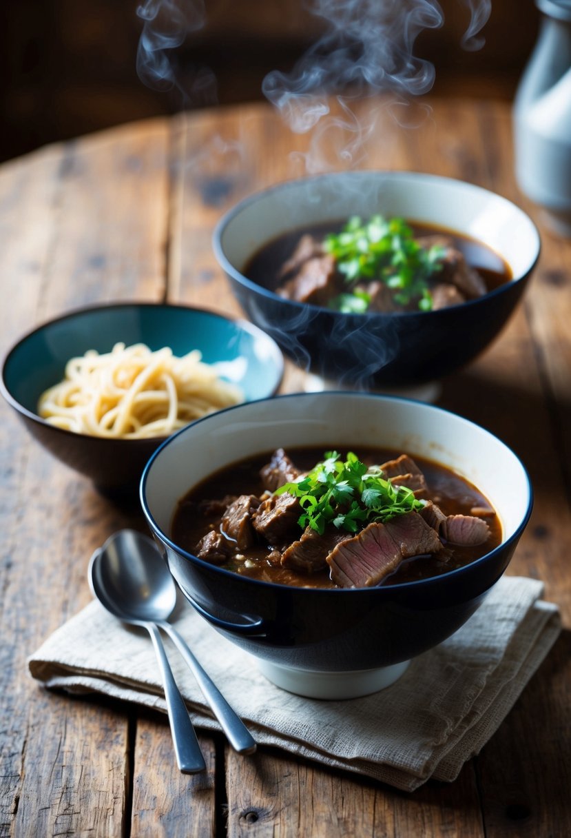 A cozy kitchen scene with two steaming bowls of beef and noodles on a rustic wooden table