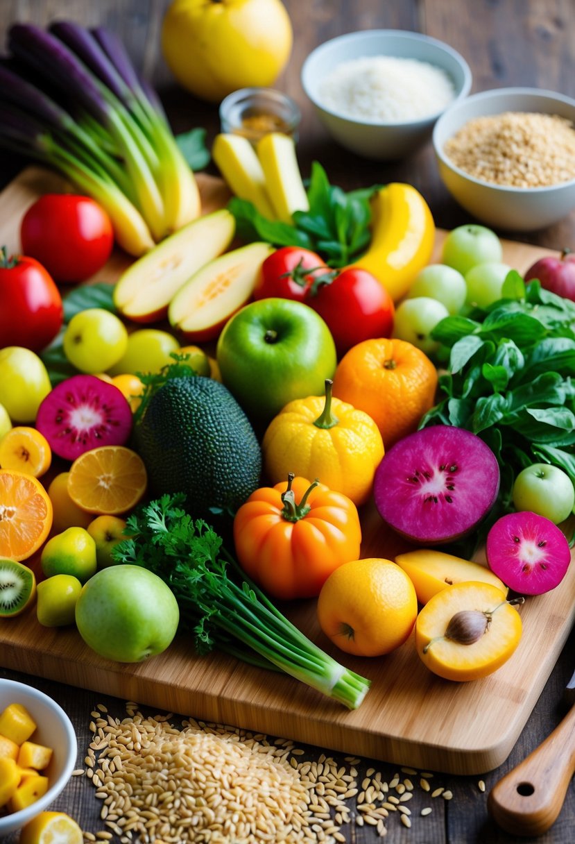 A colorful array of fresh fruits, vegetables, and grains arranged on a wooden cutting board