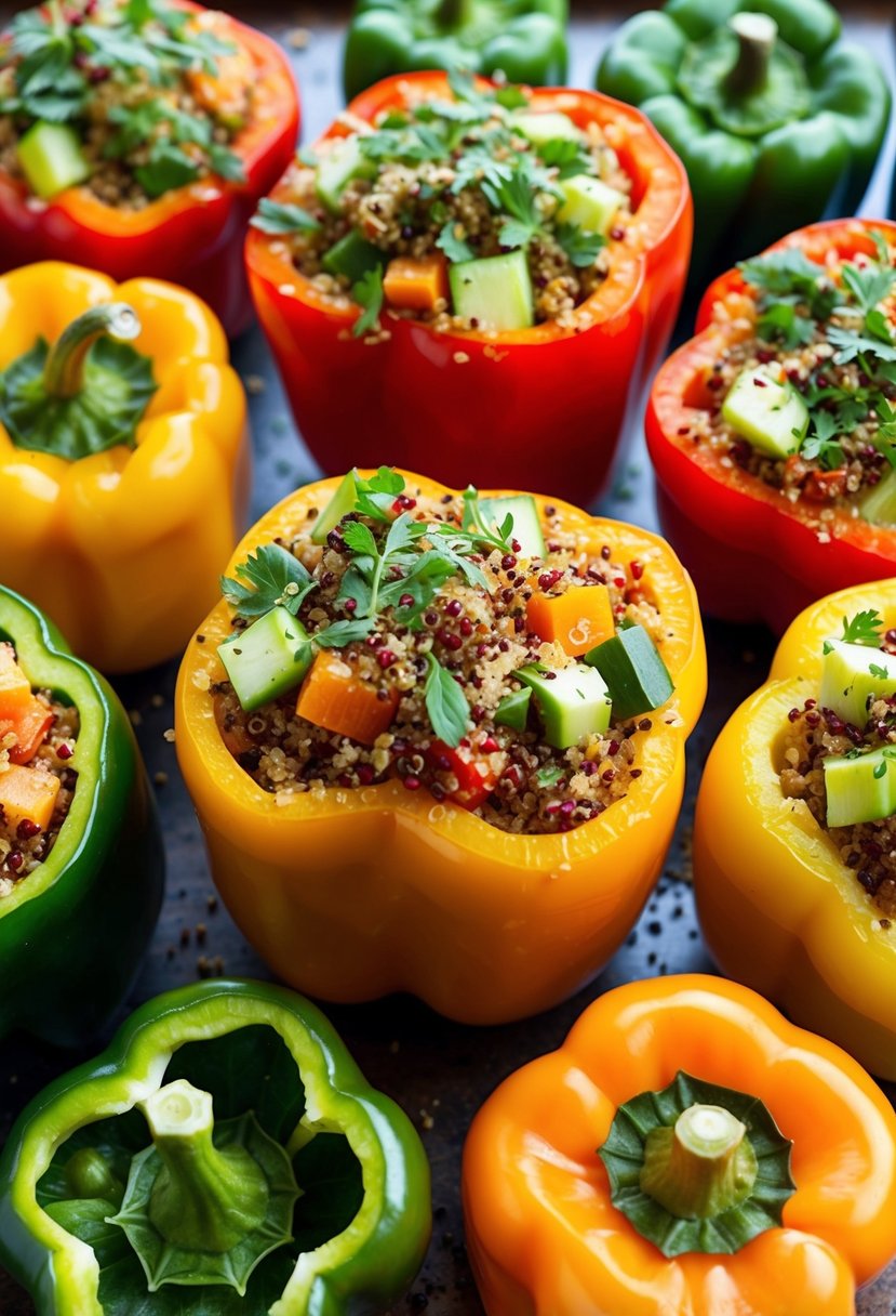 A colorful array of bell peppers stuffed with quinoa and fresh vegetables, sprinkled with herbs and ready to be baked