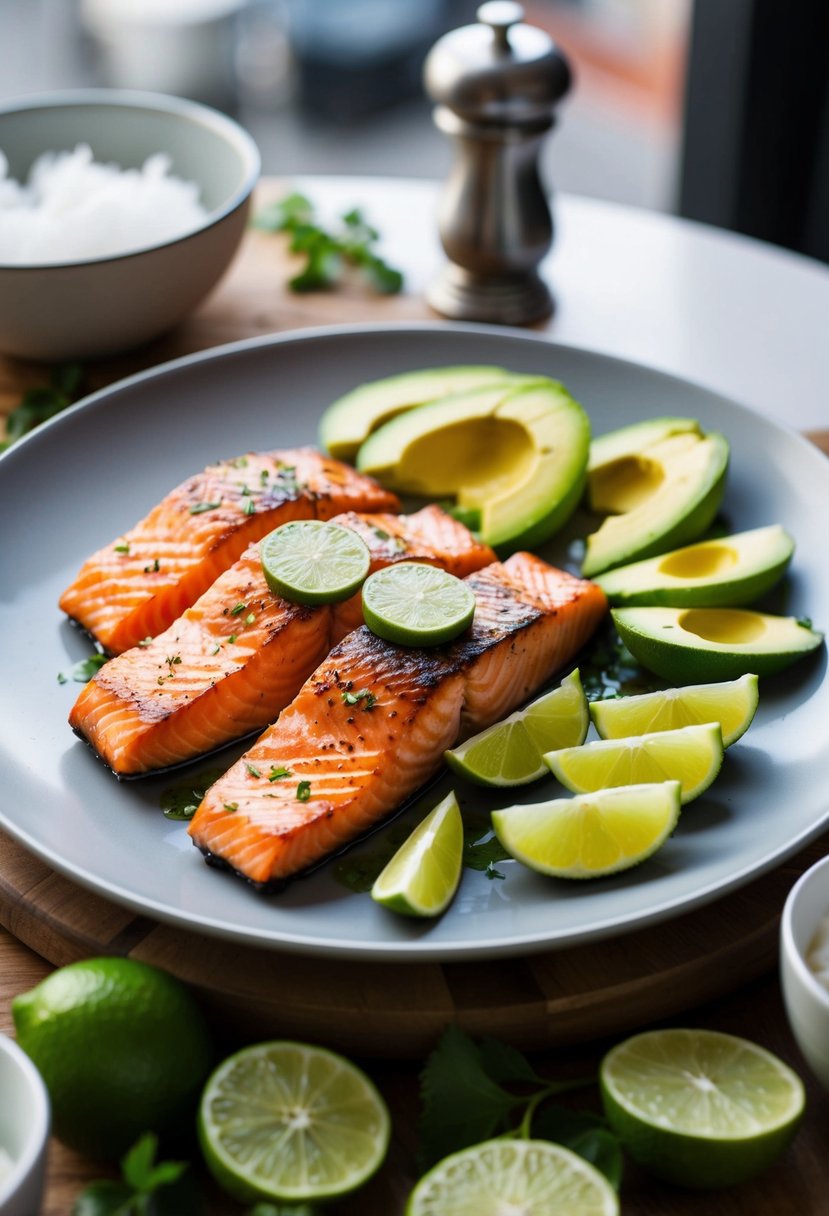 A plate with grilled salmon, avocado slices, and lime wedges arranged in an appetizing display