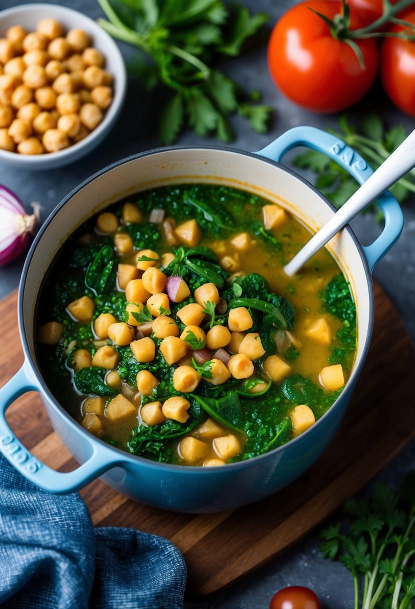 A bubbling pot of chickpea and spinach stew surrounded by fresh ingredients like tomatoes, onions, and herbs