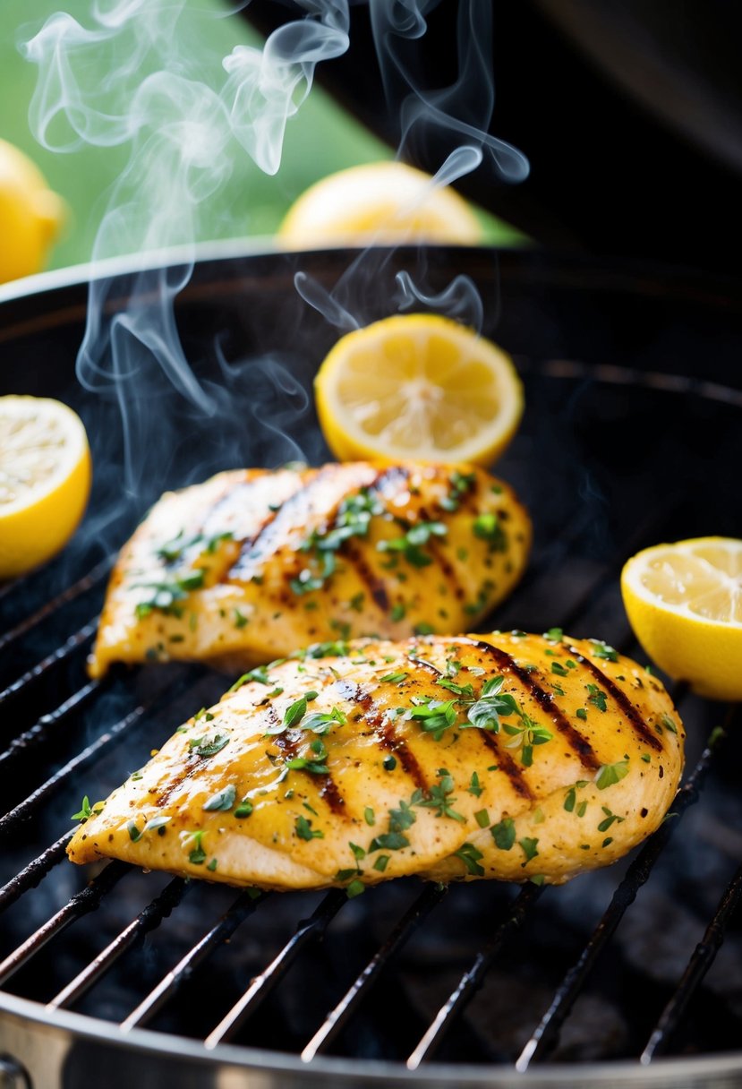 A sizzling chicken breast, marinated in lemon and herbs, grilling on a barbecue. Steam rises as the savory aroma fills the air