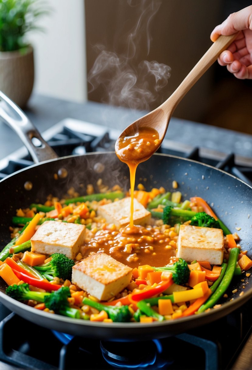 A sizzling stir-fry pan with colorful veggies, tofu, and a savory miso sauce bubbling over a hot stove