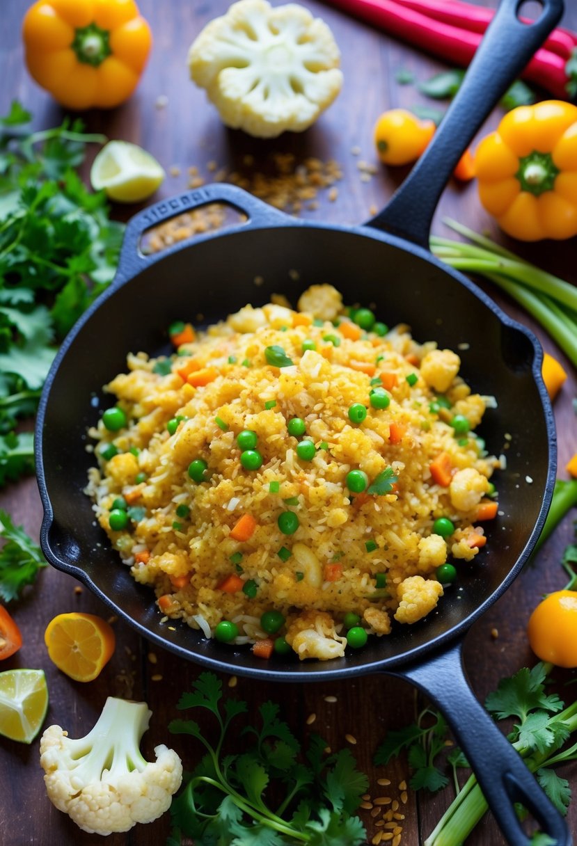 A sizzling skillet of cauliflower fried rice surrounded by colorful vegetables and aromatic seasonings