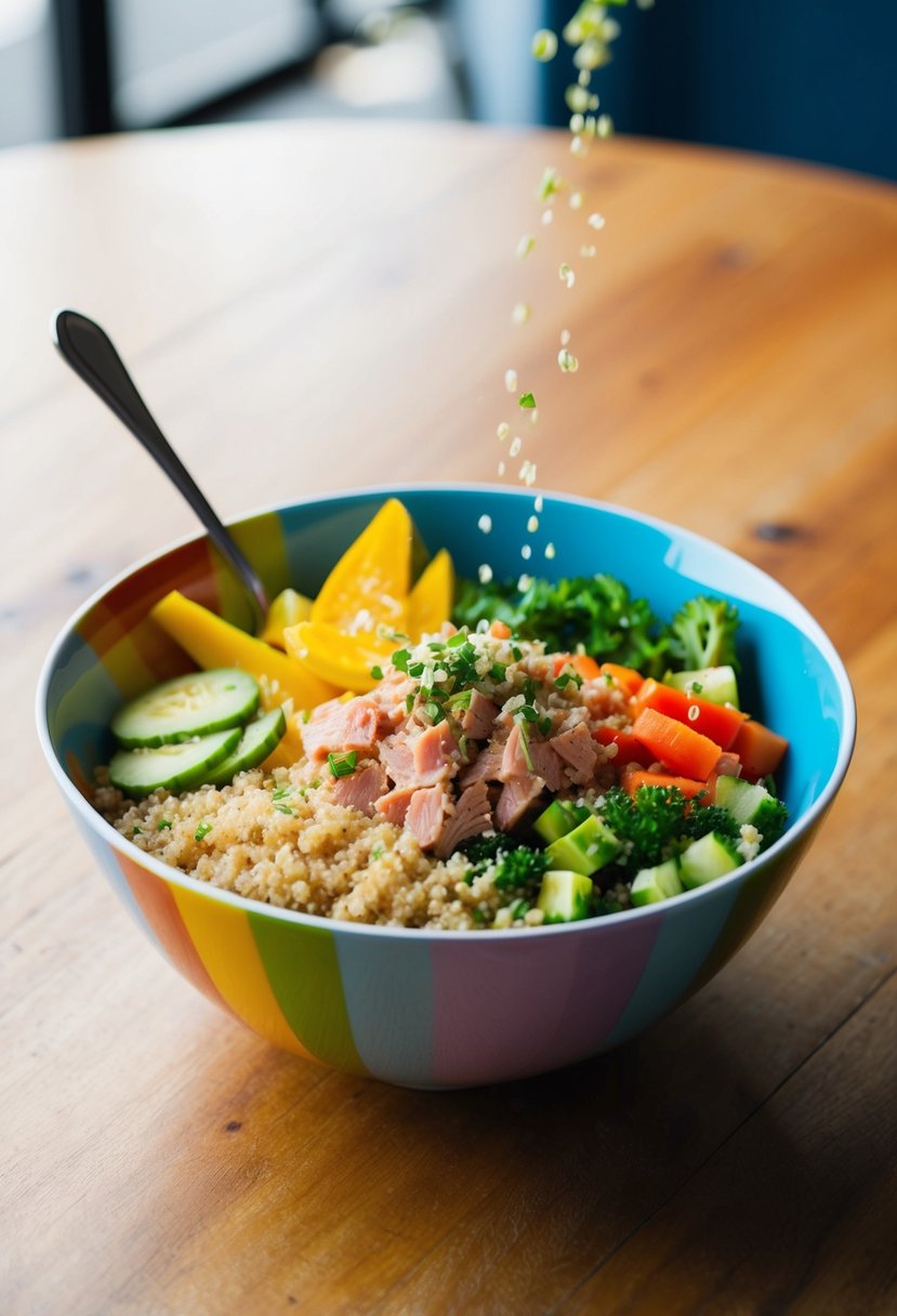 A colorful bowl filled with tuna, quinoa, and fresh vegetables, drizzled with a light vinaigrette, set on a wooden table