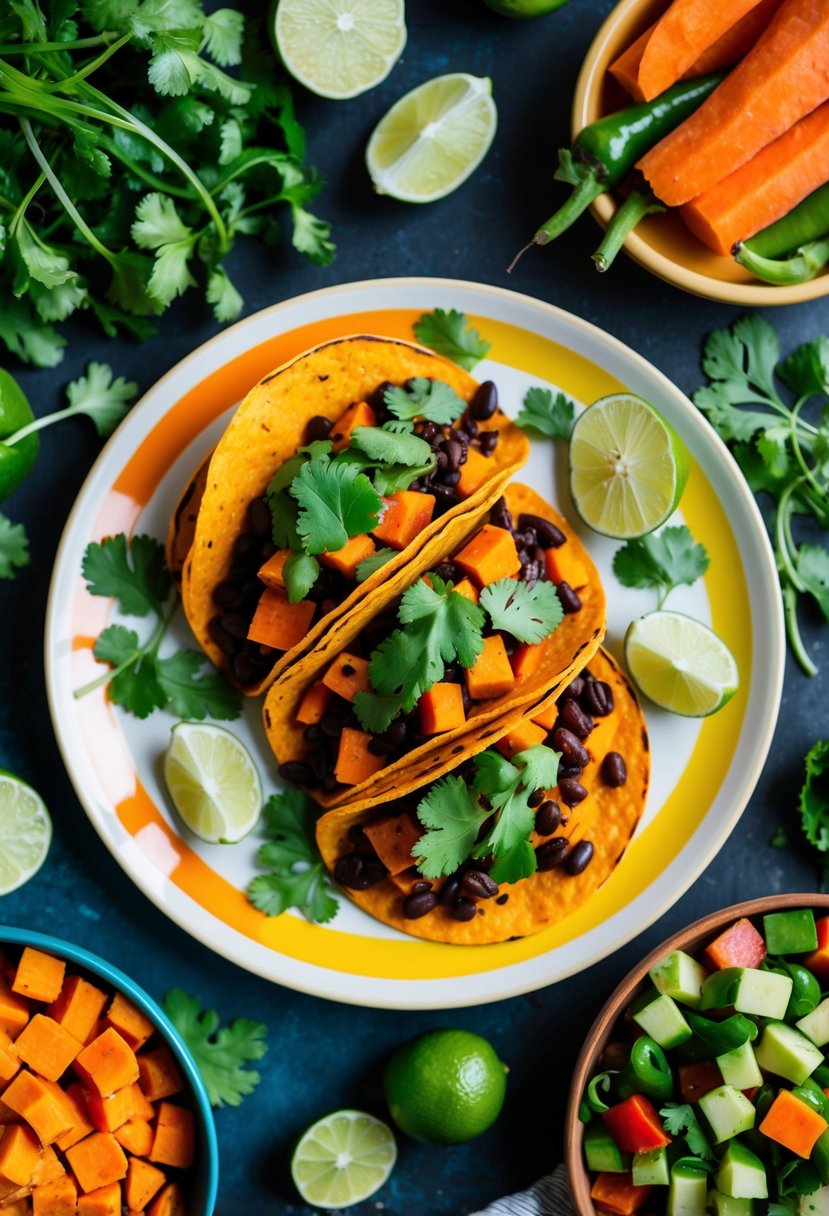 A colorful plate of sweet potato and black bean tacos, garnished with fresh cilantro and lime, surrounded by vibrant vegetables and herbs