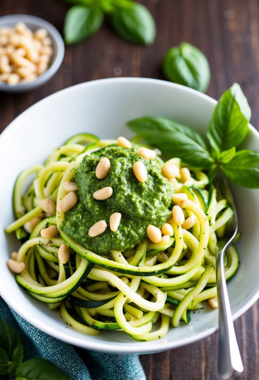 A bowl of zucchini noodles topped with vibrant green pesto sauce, garnished with pine nuts and fresh basil leaves