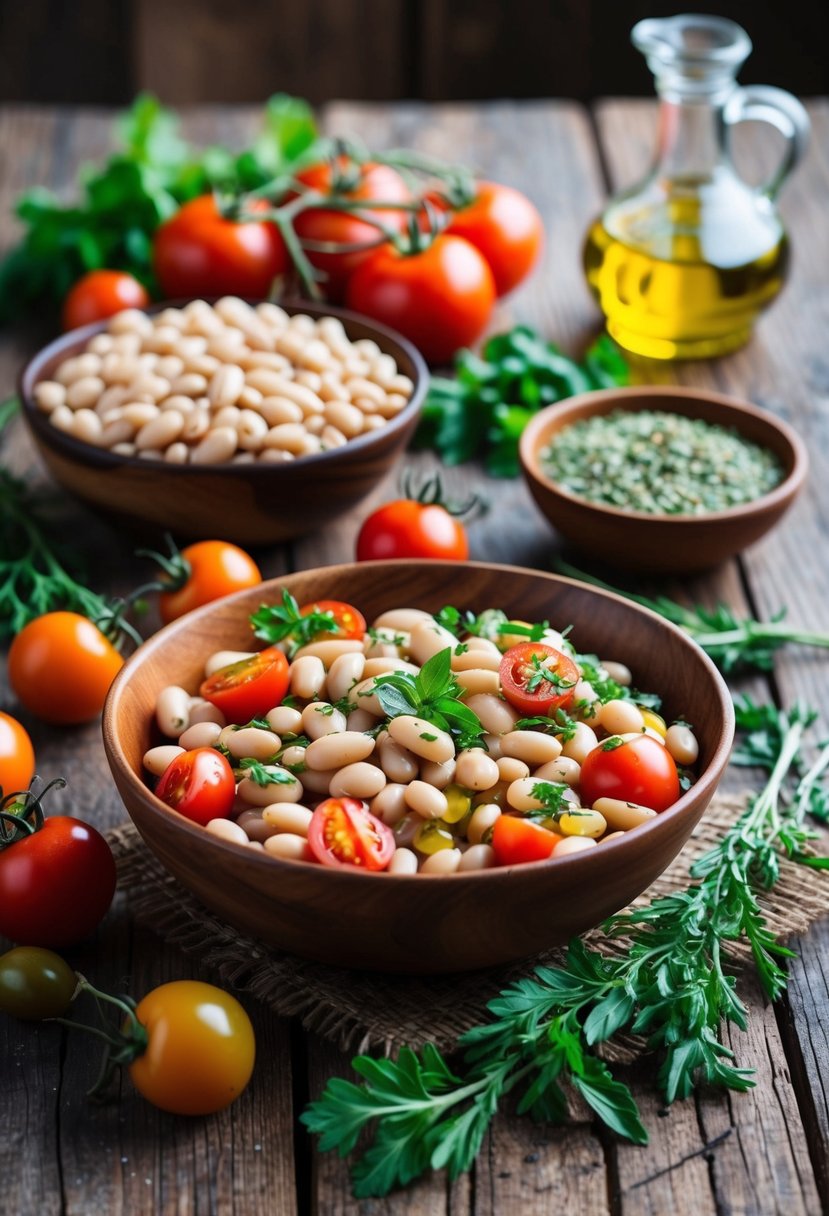 A rustic wooden table adorned with a colorful array of fresh Mediterranean white beans, tomatoes, herbs, and olive oil