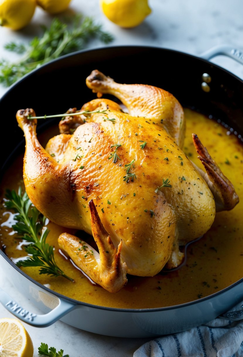 A whole lemon herb chicken baking in a roasting pan, golden and juicy