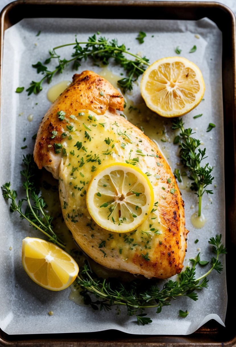 A golden-brown chicken breast coated in garlic butter, surrounded by fresh herbs and a slice of lemon on a baking sheet