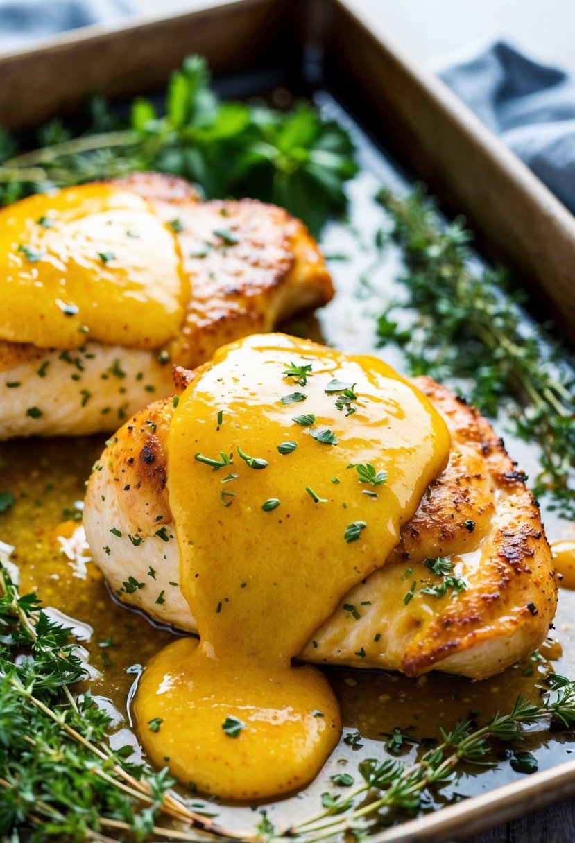 A golden-brown chicken breast coated in honey mustard glaze, surrounded by fresh herbs and spices on a baking tray