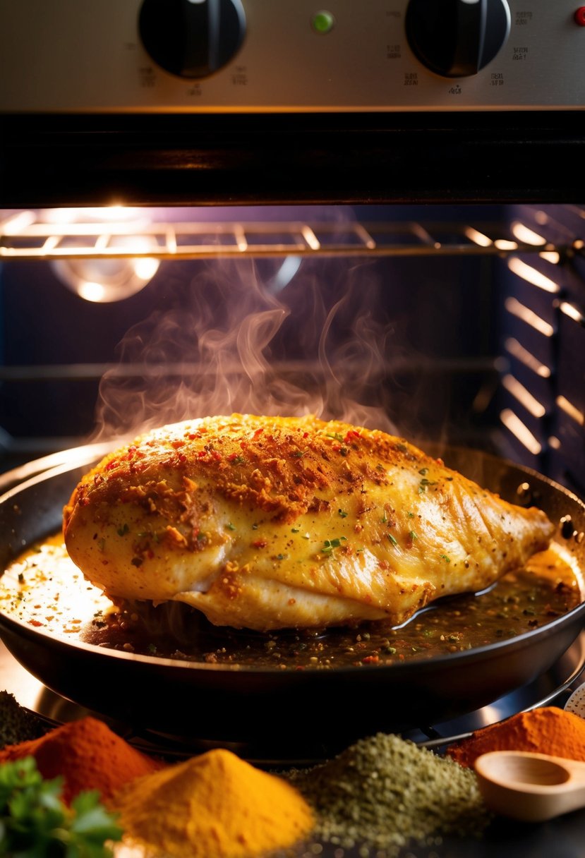 A paprika-coated chicken breast sizzling in a hot oven, surrounded by colorful spices and herbs