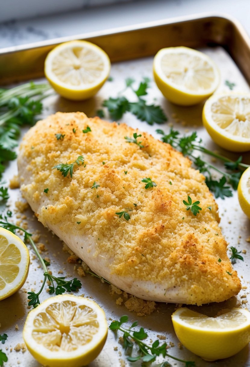 A golden-brown parmesan crusted chicken breast on a baking sheet surrounded by fresh herbs and lemon wedges