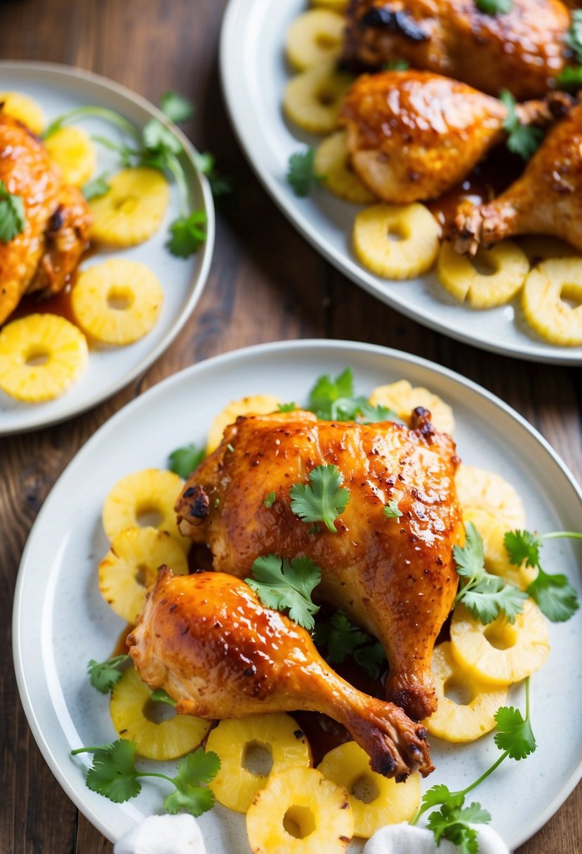 A platter of Hawaiian BBQ baked chicken surrounded by pineapple slices and garnished with fresh cilantro on a wooden table