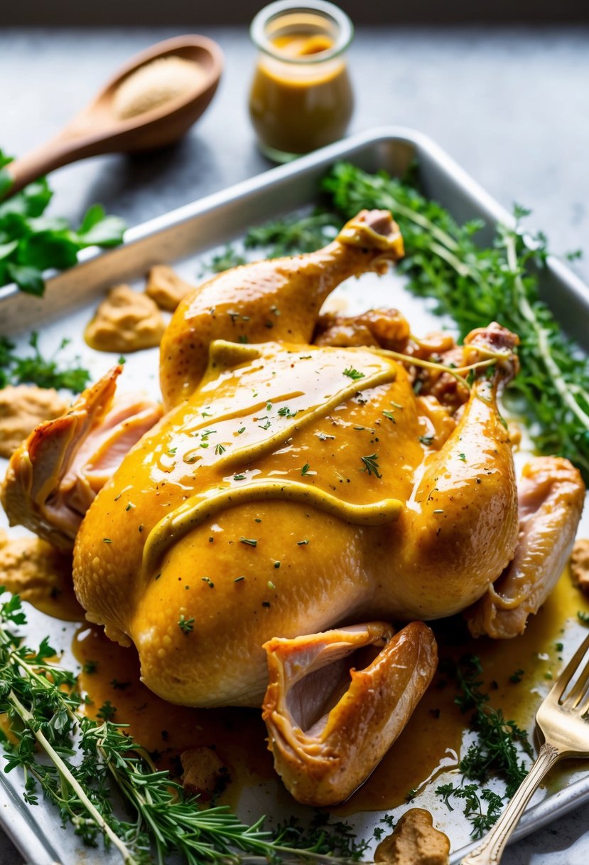 A whole chicken breast coated in a glaze of maple and Dijon mustard, surrounded by fresh herbs and spices on a baking sheet