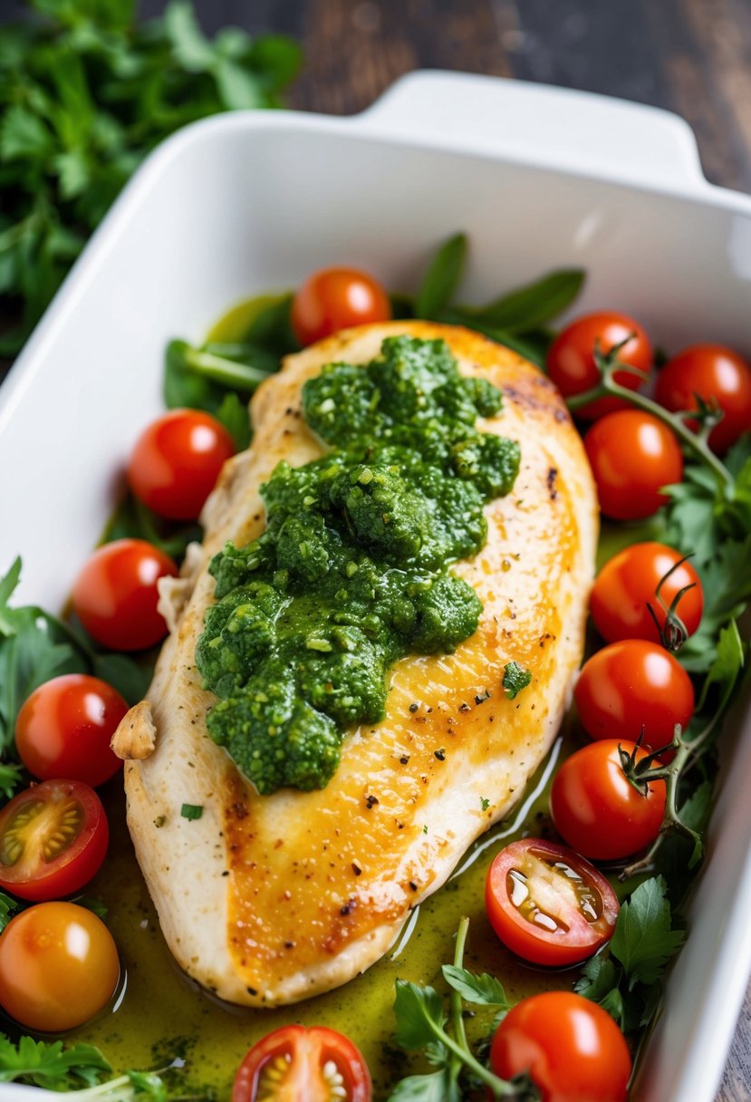 A golden-brown chicken breast topped with vibrant green pesto, surrounded by fresh herbs and cherry tomatoes on a white ceramic baking dish