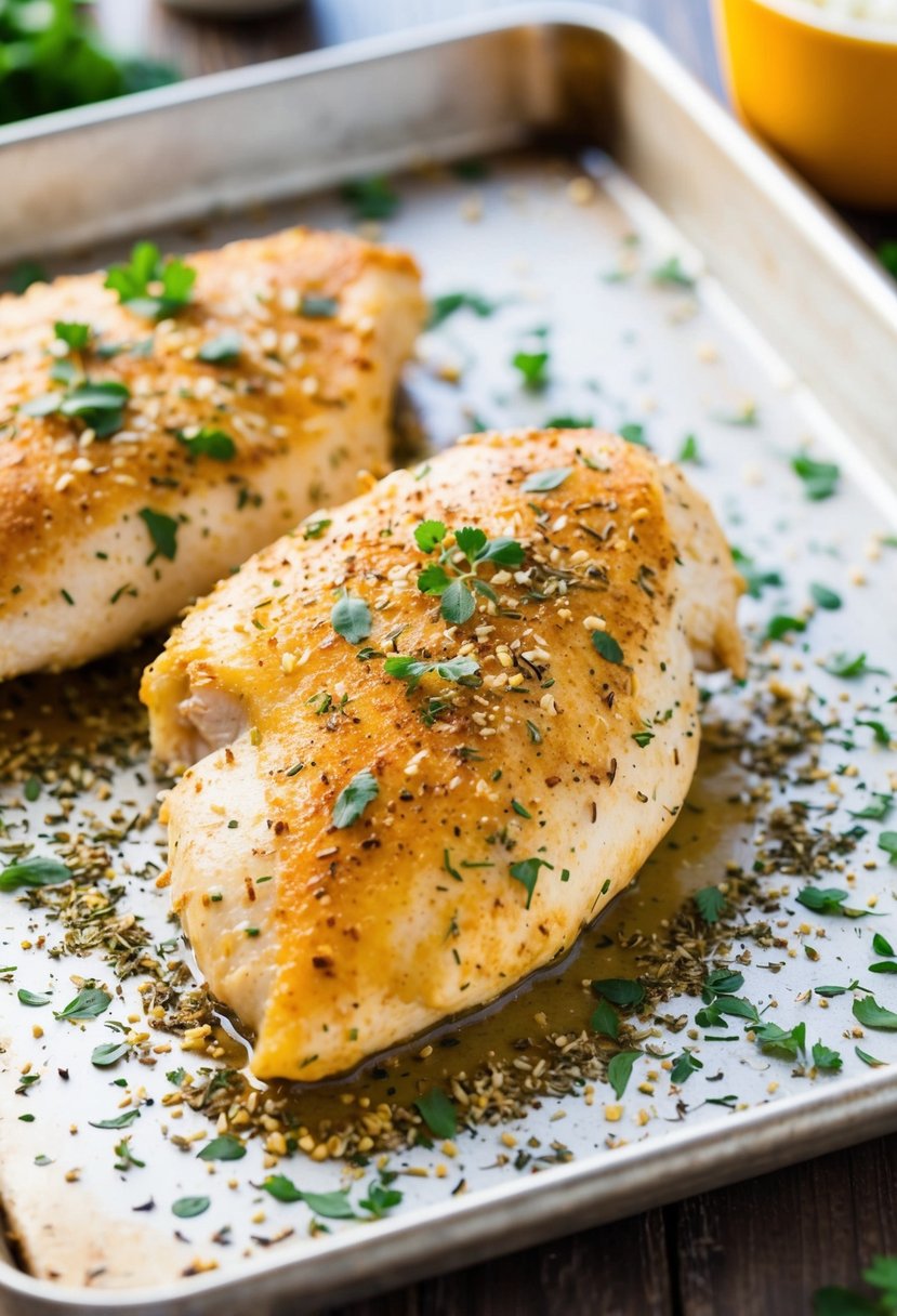 A golden-brown chicken breast coated in ranch seasoning, surrounded by a sprinkle of herbs and spices on a baking sheet