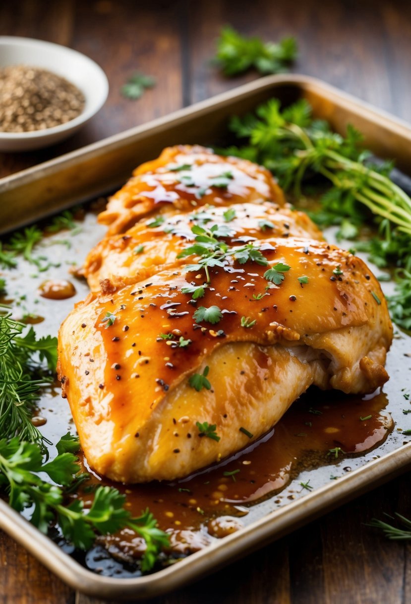 A succulent chicken breast, glistening with teriyaki glaze, rests on a baking sheet surrounded by fresh herbs and spices