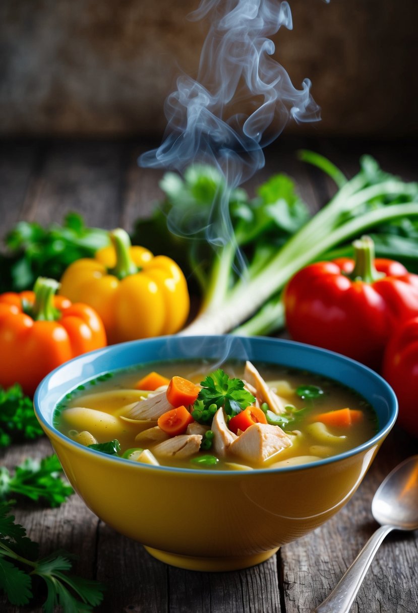 A steaming bowl of ginger chicken soup surrounded by colorful vegetables on a rustic wooden table