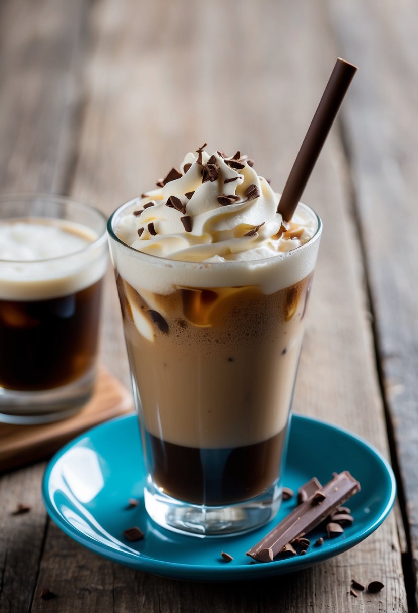 A glass of iced coffee with a splash of Kahlua, topped with whipped cream and chocolate shavings, sitting on a rustic wooden table