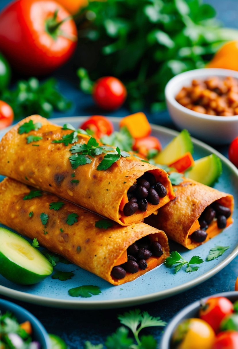 A colorful array of black bean and sweet potato enchiladas, surrounded by vibrant vegetables and herbs