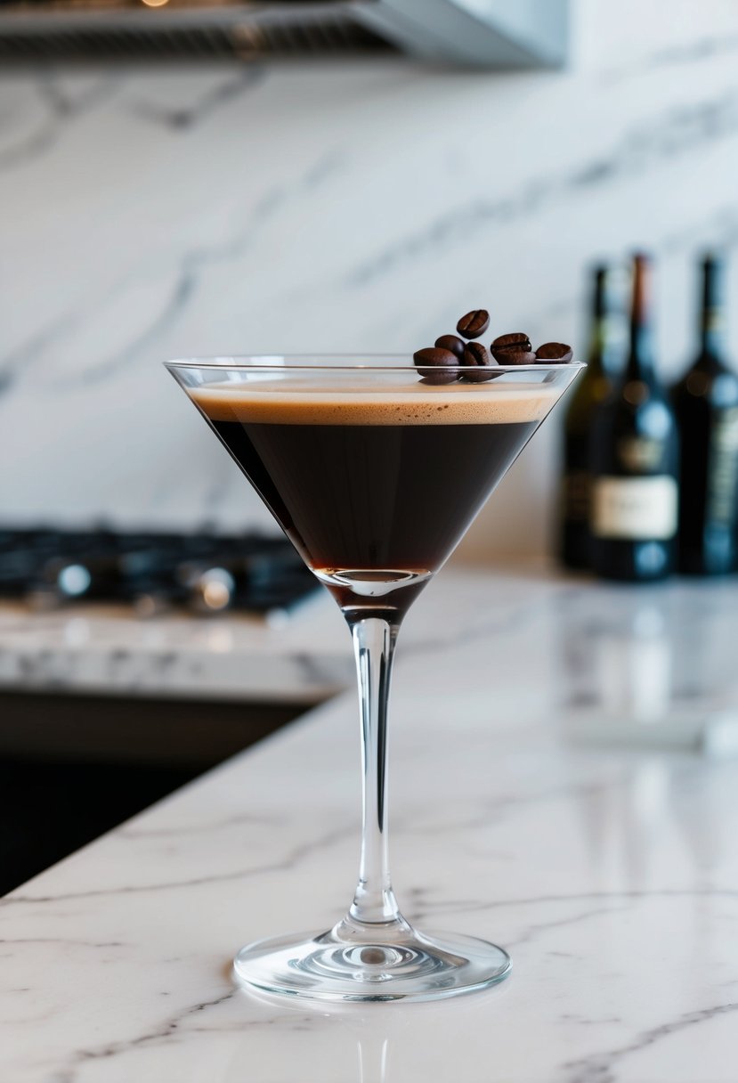 A sleek martini glass filled with a rich, dark Espresso Martini garnished with coffee beans on a clean, white marble countertop