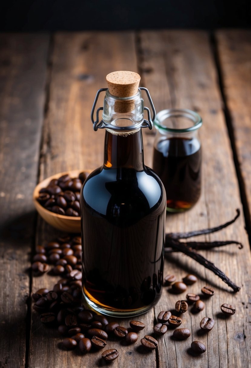 A glass bottle filled with dark liquid surrounded by coffee beans and vanilla pods on a rustic wooden table