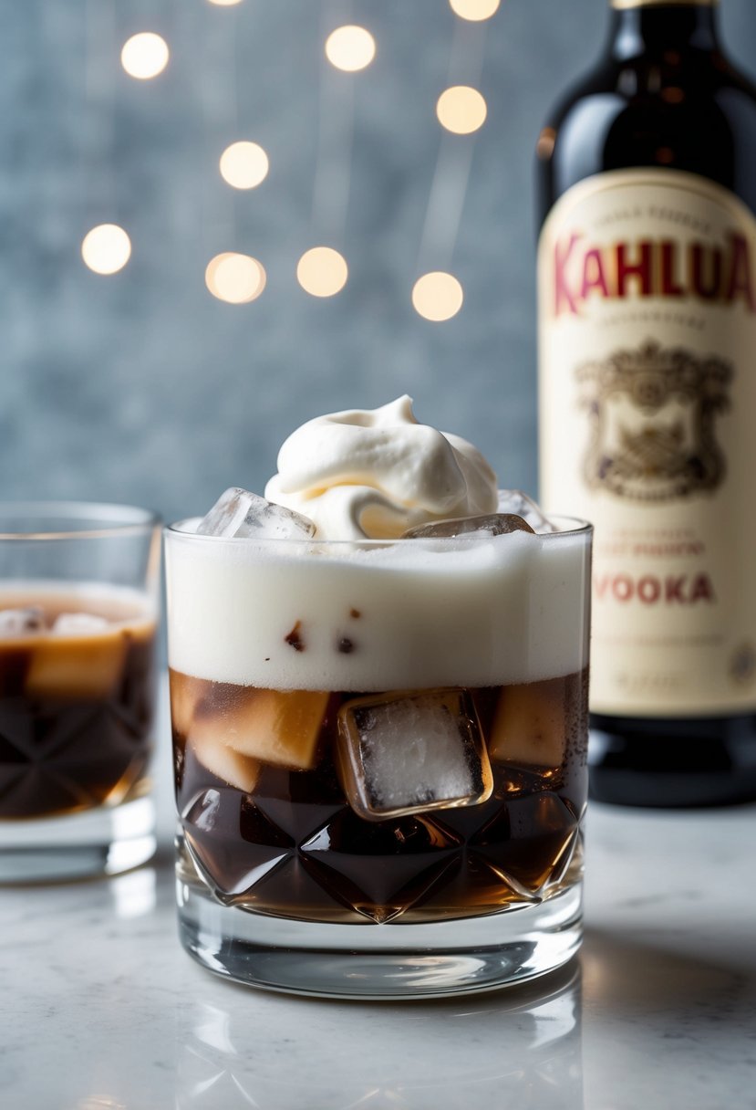 A glass filled with ice, Kahlua, and cream, topped with a layer of vodka, creating a classic White Russian cocktail