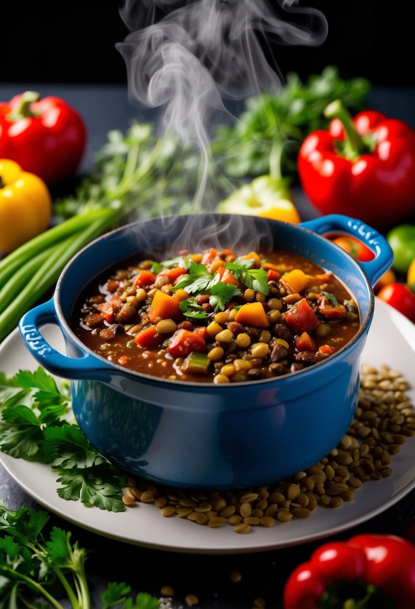 A steaming pot of hearty lentil chili surrounded by colorful vegetables and herbs