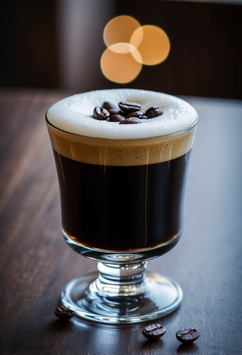 A glass filled with a dark, coffee-colored liquid, topped with a layer of creamy white foam, garnished with a few coffee beans on the surface